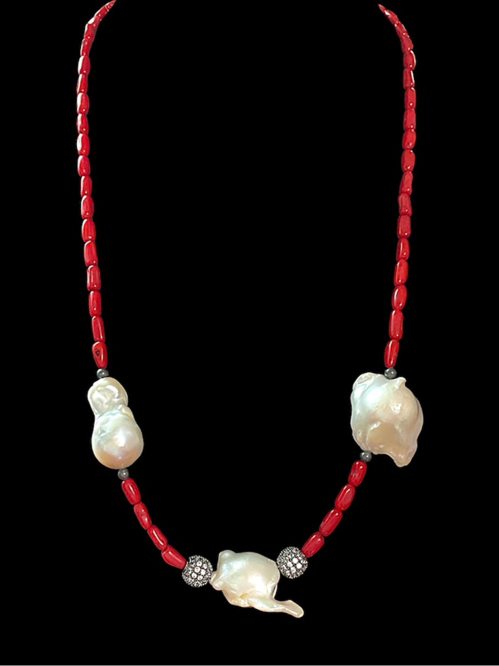 Vintage Sterling Freshwater Baroque Pearls and Dyed Red Coral Beaded Necklace